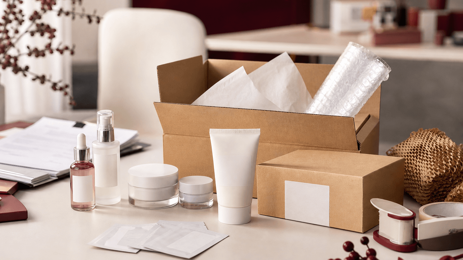 K-beauty sample products and export preparation desk for a Korea-side B2B quote request